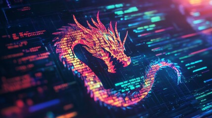 Wall Mural - a computer screen displaying dragon code with a digital dragon, symbolizing python programming for d