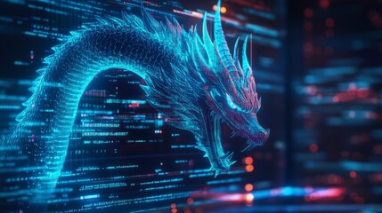 Wall Mural - a computer screen displaying dragon code with a digital dragon, symbolizing python programming for d