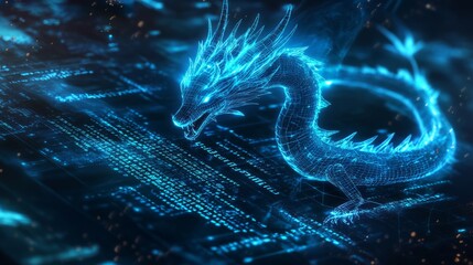 Wall Mural - a computer screen displaying dragon code with a digital dragon, symbolizing python programming for d