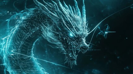 Wall Mural - a computer screen displaying dragon code with a digital dragon, symbolizing python programming for d