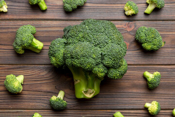 green fresh broccoli background close up on colored table. Vegetables for diet and healthy eating. Organic food