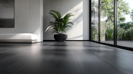 Modern laminate flooring inside a minimalist style home or apartment with natural light coming in from glass windows