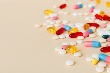 Wall Mural - Many different colorful medication and pills perspective view. Set of many pills on colored background