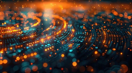 Abstract background with swirling glowing lines and bokeh lights in orange, blue and teal hues.