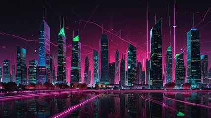 Wall Mural - a city is lit up at night with the green lights.