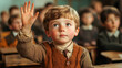 © kudesniza - Young white boy raising hand in classroom during lesson, eager to participate