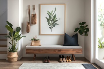 Wall Mural - A stylish entryway with a wooden bench, framed artwork, and a potted plant.