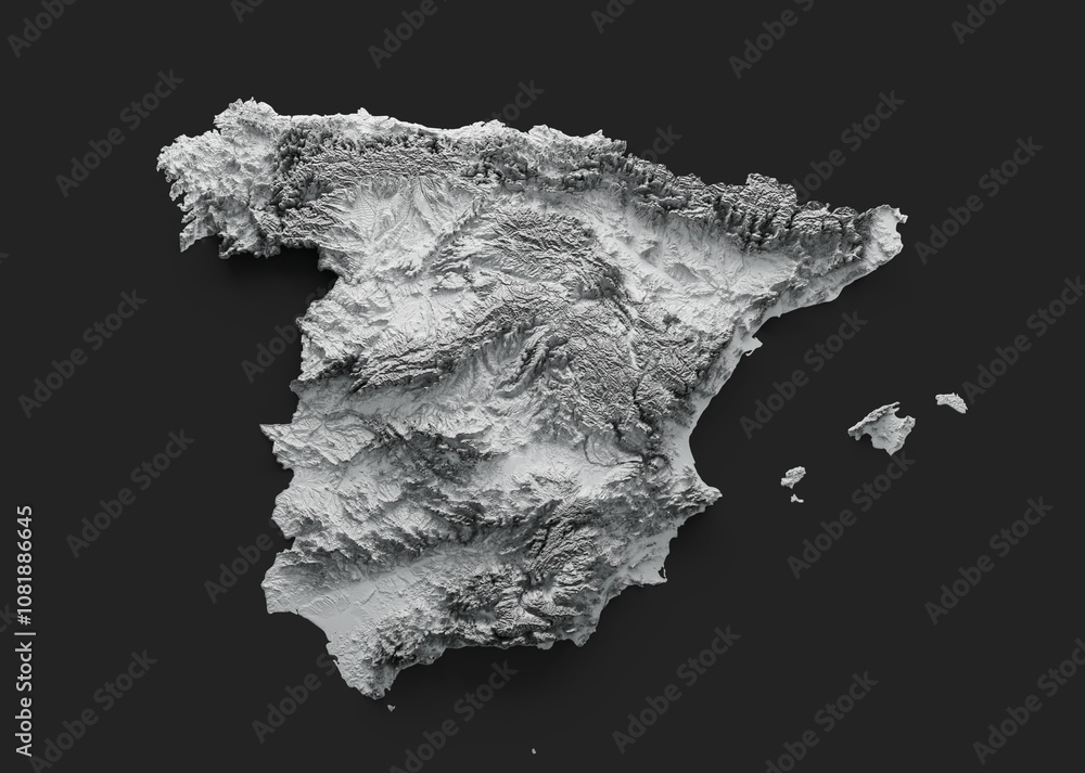 Spain Map Flag Shaded Relief Color Height Map On Black Background 3d ...