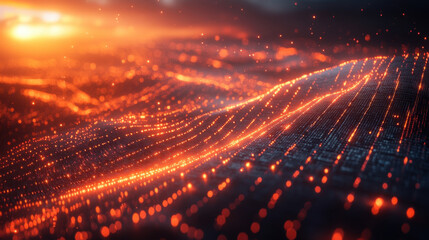 Wall Mural - stunning abstract visualization of data and information, showcasing vibrant orange and red particles flowing across dark background, creating sense of depth and movement