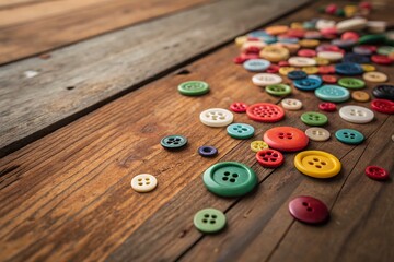 Wall Mural - Long Exposure Capture of Colorful Buttons on a Rustic Wooden Background, Showcasing Textures and Patterns for a Unique Artistic Perspective