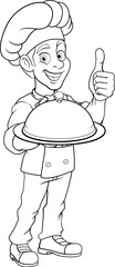 Wall Mural - A chef or baker cartoon cook giving thumbs up and holding a platter plate with cloche mascot character illustration