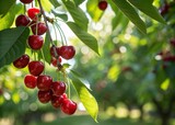Lush Red Cherry Bunches Hanging on a Vibrant Green Tree Under Bright Sunlight, Showcasing Nature's Sweetness and Juiciness in a High Depth of Field Style