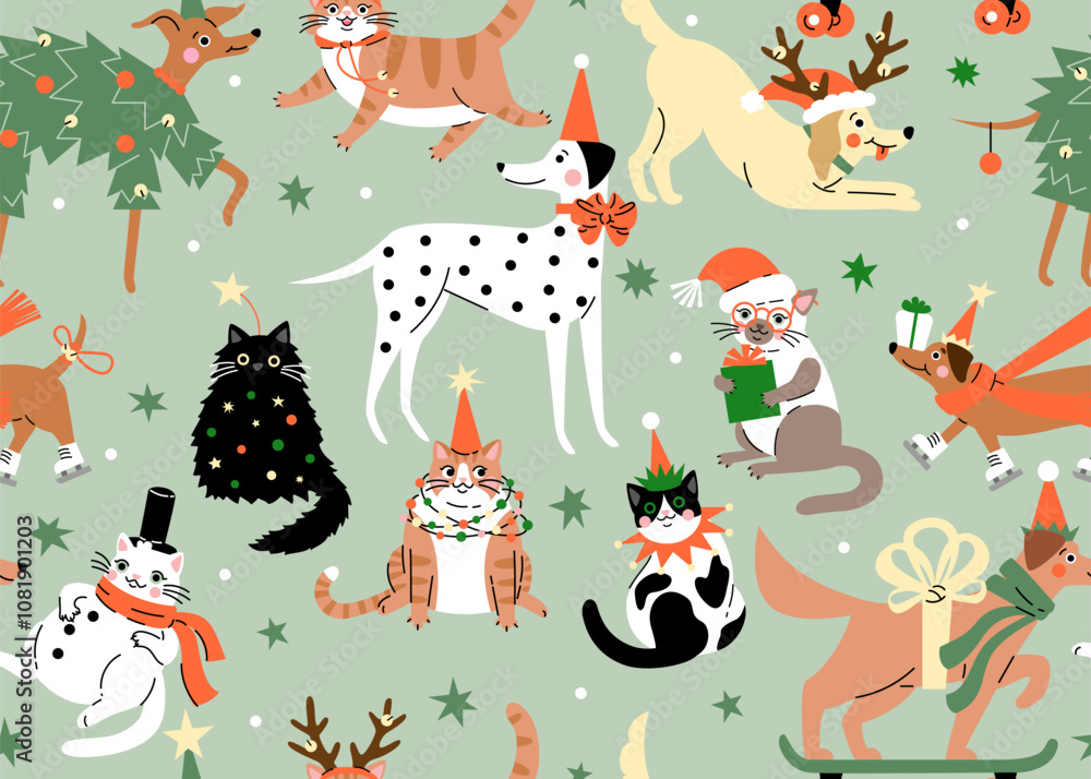Seamless pattern with Cute cats and dogs wearing different Christmas ...