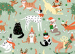 © Radiocat - Seamless pattern with Cute cats and dogs wearing different Christmas outfits.  Hand drawn vector illustration. Funny xmas background.