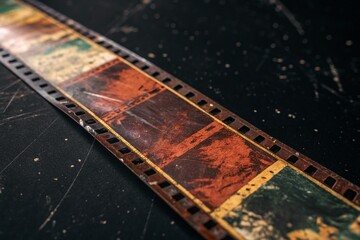 Wall Mural - Macro Photography of Scratched and Splattered Old Photographic Film Against a Black Background, Capturing the Texture and History of Vintage Film Stock