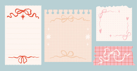 Modern torn paper, notebook sheets and colour tape collage set with cute bows.  Elements for poster, social media, banners. Trendy vector illustration.