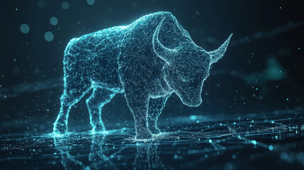 Poster - digital bull created with glowing lines and particles, symbolizing strength and market dynamics. thi