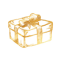 Vector freehand golden christmas gift box scribble isolated on white background. Texture of writing materials. Handwritten christmases gold doodles and pencil strokes. 