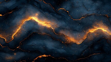 Wall Mural - abstract image featuring dark waves illuminated by glowing orange lines and particles.