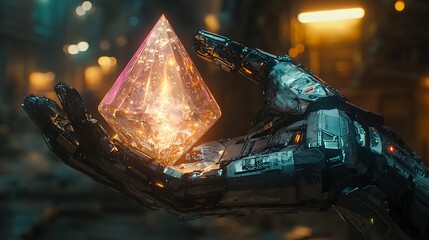Wall Mural - futuristic robotic hand holding a glowing crystal pyramid in a dimly lit sci-fi environment, showcas