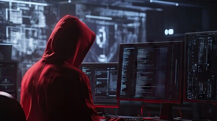 Anonymous male in a red hoodie focused on multiple computer screens in a dark, high-tech setting.