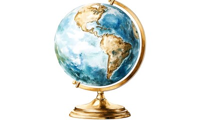 Watercolor Globe with Gold Stand and Earth Map