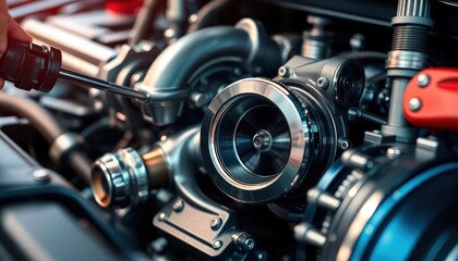 Close-up of a vintage car engine highlighting chrome and metal details