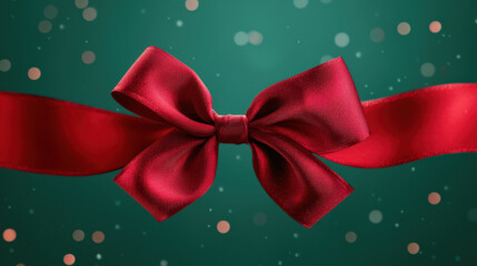 Wall Mural - gift box wrapping unboxing. Elegant red gift bow with ribbon on festive background