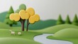 © A4719 - Idyllic 3D Render Cartoon Tree Giraffe Green Hills Nature Scene