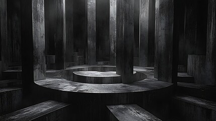 Wall Mural - abstract monochrome environment with tall vertical columns and circular platforms in a dark dimly li