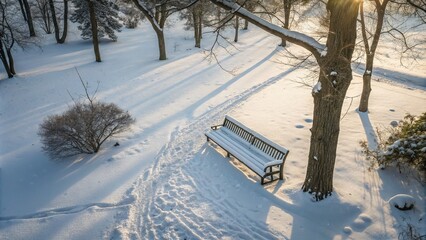 Poster - Serene Snow-Covered Bench in a Tranquil Winter Landscape with Gentle Light Filtering Through Trees, Perfect for Winter Scenes and Nature Photography