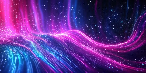 Vibrant Abstract Light Waves with Stars and Sparkles in Vivid Colors of Pink, Blue, and Purple Creating a Dreamy Cosmic Atmosphere for Backgrounds and Designs