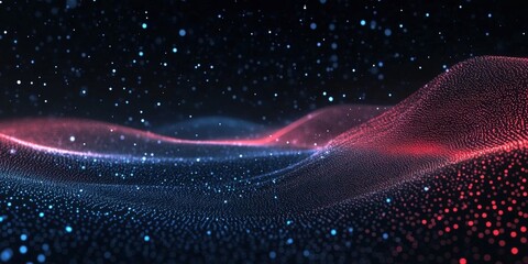 Colorful abstract landscape with vibrant particles and gentle waves shining in blue and red tones against a dark background for a futuristic digital theme