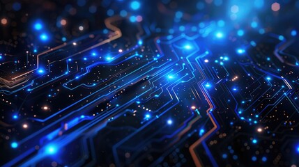 Fototapete - Neon blue circuit lines on a dark abstract background