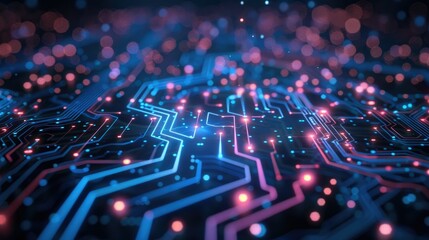 Fototapete - Neon blue circuit lines on a dark abstract background