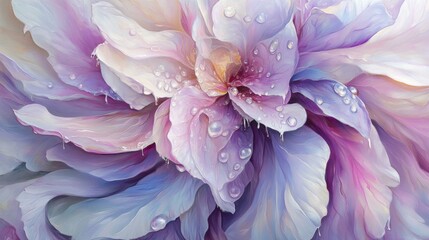 Aufkleber - Ethereal Bloom: A Softly Textured Flower Petal with Water Droplets Reflecting Light and Color Variations in Delicate Pastel Shades of Pink and Lavender