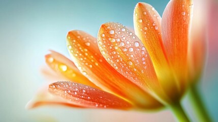 Aufkleber - Close-Up of Delicate Orange Flower Petals Glimmering with Fresh Water Droplets Reflecting Light, Soft Background Blurring into Pastel Colors