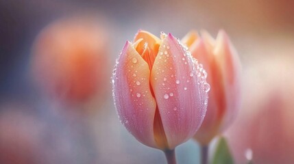 Aufkleber - Delicate Pink Tulips with Dew Drops Captured in Soft Focus, Emphasizing the Beauty of Nature and Springtime Vibes for Stock Photography Needs and Aesthetic Appeal