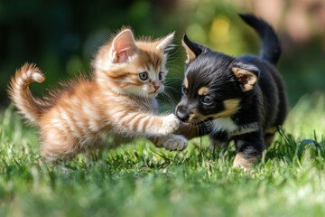 A cat and dog playing together in the grass