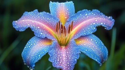 Aufkleber - Beautiful Close-Up of a Colorful Blue and Pink Lily Flower with Dew Drops Against a Lush Green Background for Nature and Floral Photography