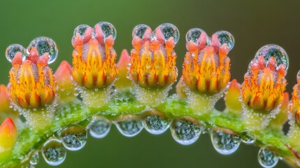 Aufkleber - Close-Up of Vibrant Flower Buds with Dew Drops, Showcasing Nature's Beauty and Intricate Details in a Refreshing Green Background