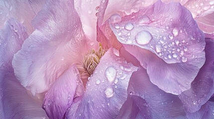 Aufkleber - Close-Up View of Delicate Flower Petals with Water Droplets in Soft Pastel Shades of Pink and Purple, Symbolizing Beauty and Freshness