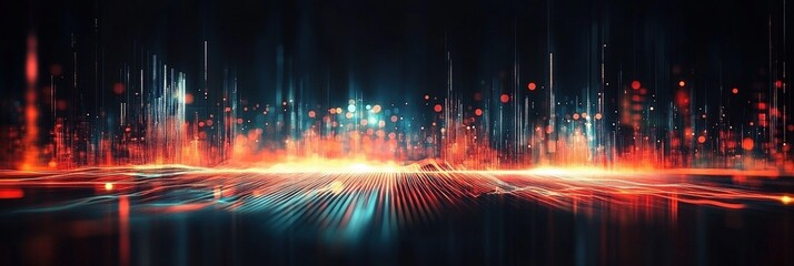Abstract digital landscape with glowing lights and lines, representing technological advancement and futuristic concepts in a vibrant color spectrum