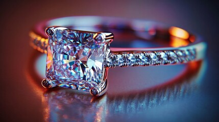 Aufkleber - Stunning Close-up of a Luxurious Diamond Ring Featuring a Brilliant Cut Center Stone and Sparkling Side Stones Against a Colorful Reflective Background
