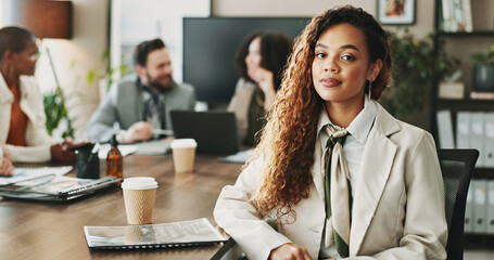 Aufkleber - Leadership, meeting and portrait of woman employee in boardroom with colleagues for planning. Business, corporate and face of proud African manager in professional workplace for career development