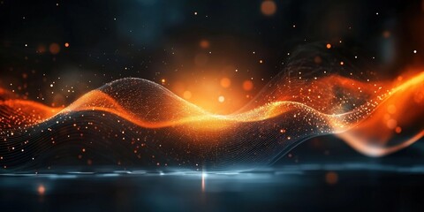 Abstract glowing waves of orange light with particles in a dark background, creating a sense of depth and motion, perfect for technology or creative design themes.