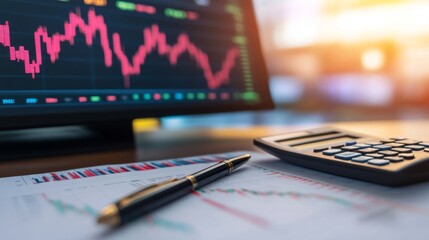 Poster - Financial Analysis Concept with Charts and Data on Computer Screen, Calculator, and Pen on Document for Business and Stock Market Research in Office Setting