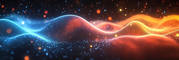Abstract Digital Waves with Bright Glowing Particles in Blue and Orange, Creating a Mesmerizing Background for Various Creative Projects and Designs