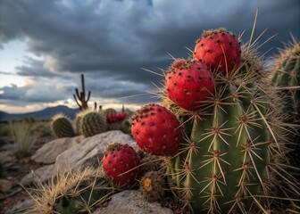 Wall Mural - Surreal Composition of Vibrant Red Cactus Fruits Nestled Among Sharp Thorns, Evoking a Sense of Nature's Contrasts and Intricacies in a Captivating Landscape Scene