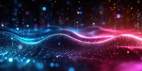 Abstract Digital Wave with Colorful Particles and Light Effects Representing Sound Waves in Vibrant Blue and Pink Tones for Creative Background Use